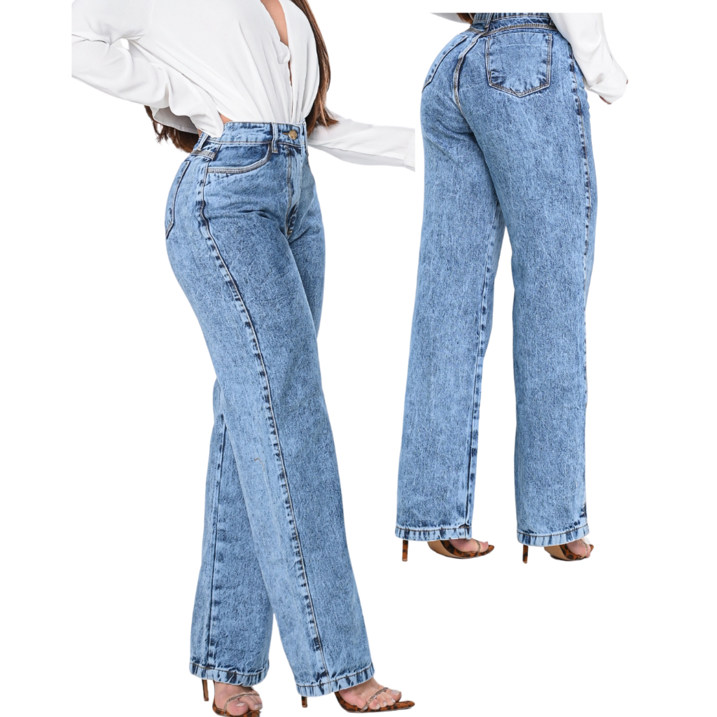Calça Wide Leg Jeans Premium  Pantalona Cós Alto 100% Algodão Azul Marmorizada  Moda Feminina em Oferta na Shopee