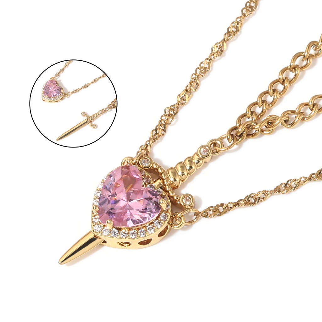 Colar Feminino Coração com Espada Dourado Zircônia Rosa Pingente Romântico Elegante Presente Moda Luxo