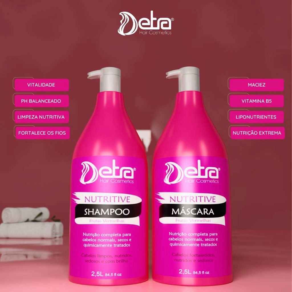 Kit Frutas Vermelhas Nutri E Repara Danos em 15 minutos Shampoo e Mascara 2,5 L Detra hair cosmetico