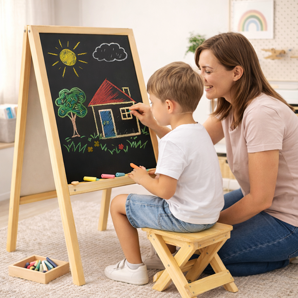 Lousa Cavalete Infantil + Banquinho de Madeira – Quadro para Desenho e Aprendizado