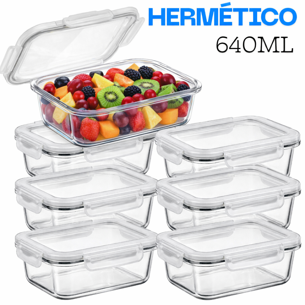 Conjunto Potes Vidro Hermético 640ml Mantimentos Marmita Fitness 4 Travas Forno Microondas Airfryer