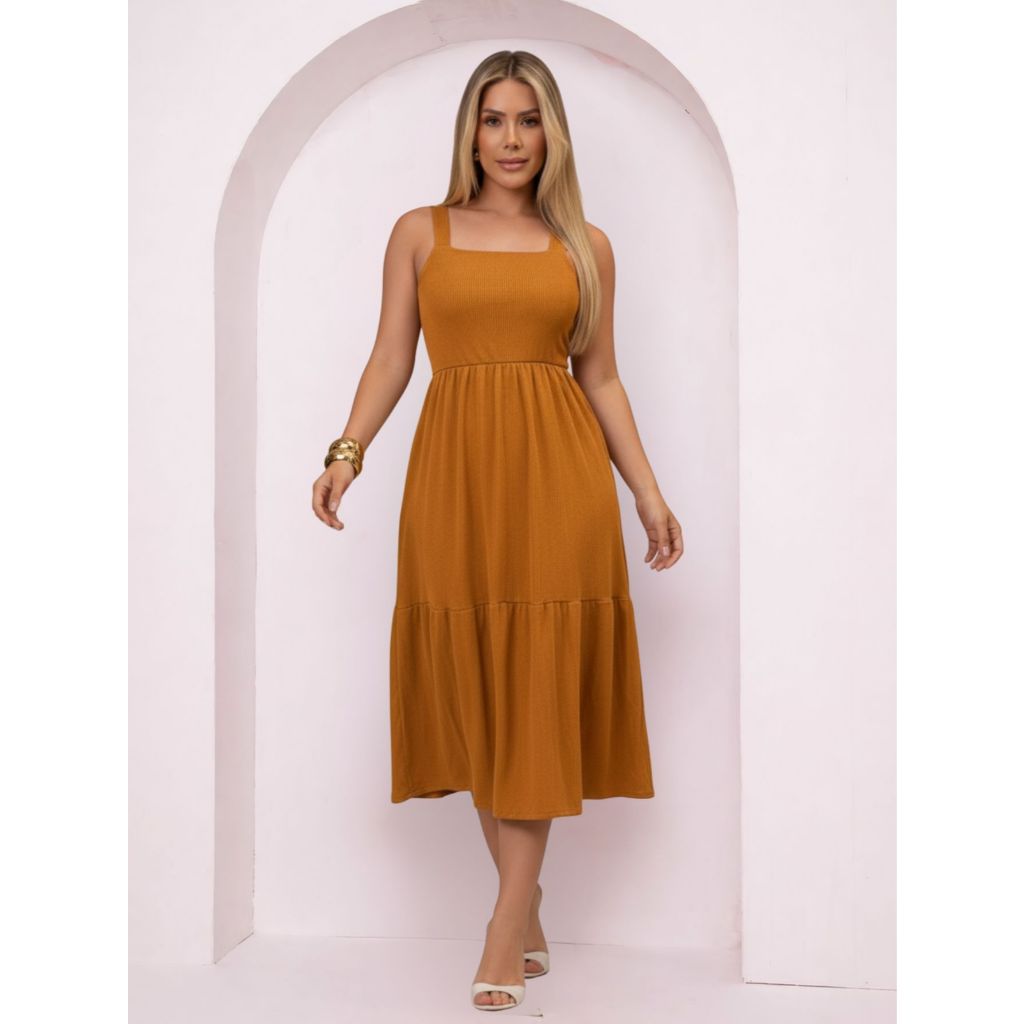 Vestido Mídi Alça Rodado Vestido Moda Cristã Feminino  Casual De Alça Liso