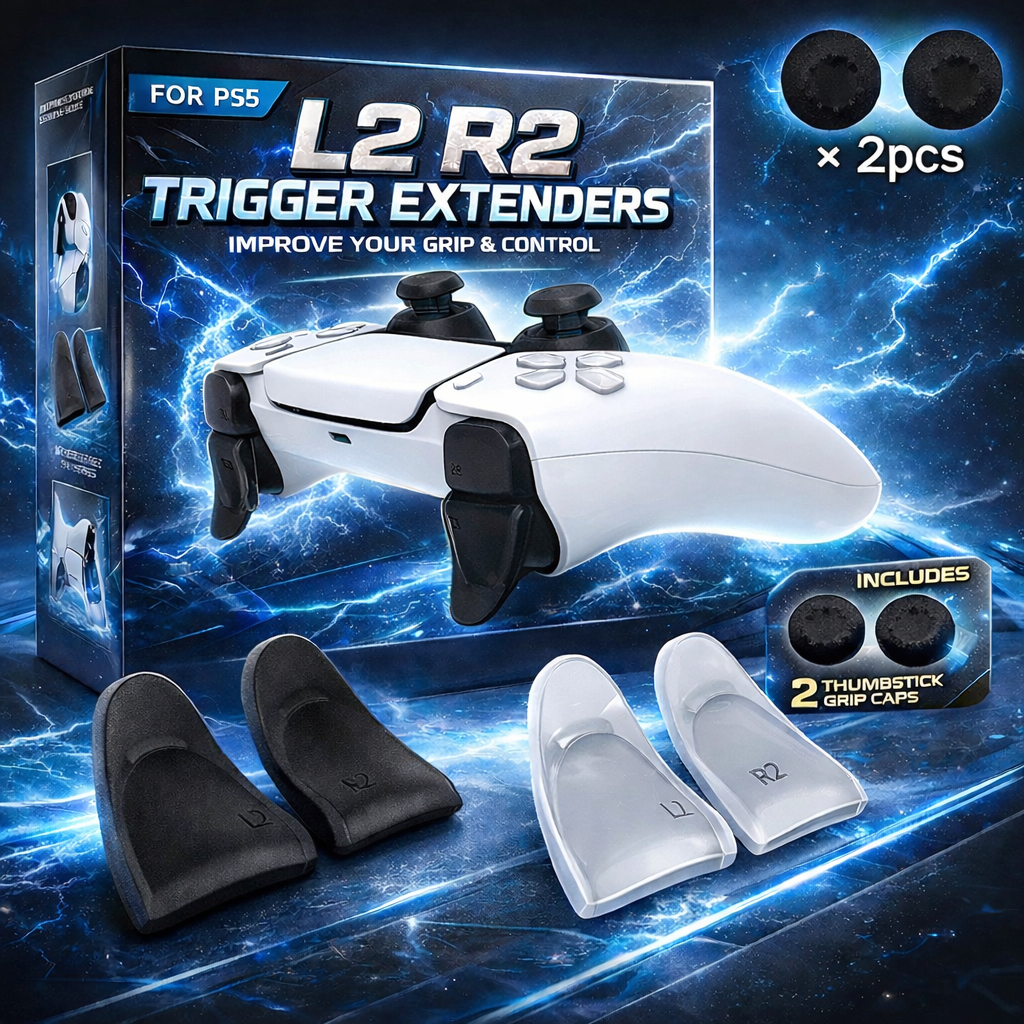 Botão Extensor do L2, R2 P/ Controle PS5 Par de Gatilho Alongador + 2 Grips Controle Ps5