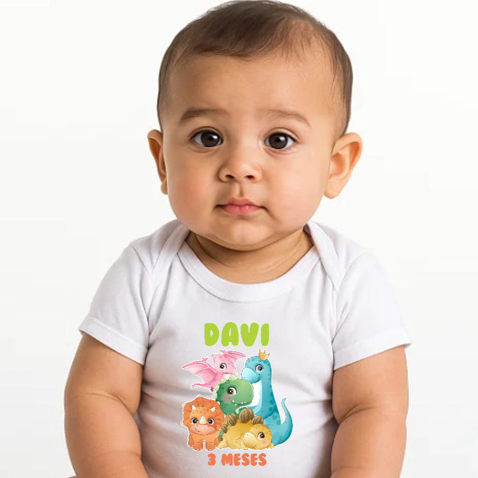 Body ou Camiseta Mesversario Dino Baby Dinossauro Bebê Manga Curta Aniversario Festa infantil Personalizado