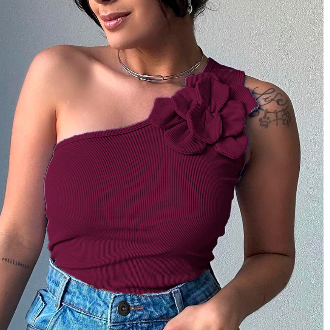 Blusa Feminina estilosa elegante RIBANA canelada FLOR Verão Carnaval Básica um ombro estilo gringa..