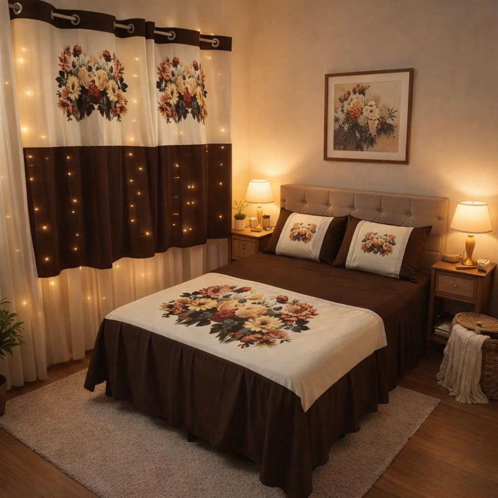 kit de quarto casal floral 5 peças, colcha com babado medindo 2.45m x 2.50m e duas cortinas para janela