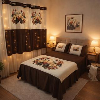 kit de quarto casal floral 5 peças, colcha com babado medindo 2.45m x 2.50m e duas cortinas para janela em Oferta na Shopee