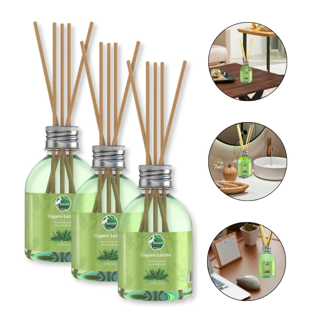 Kit 3 Aromatizador Difusor Capim Limão 270ml Pantanal Aromas Fragrância Aroma Casa Home Perfume