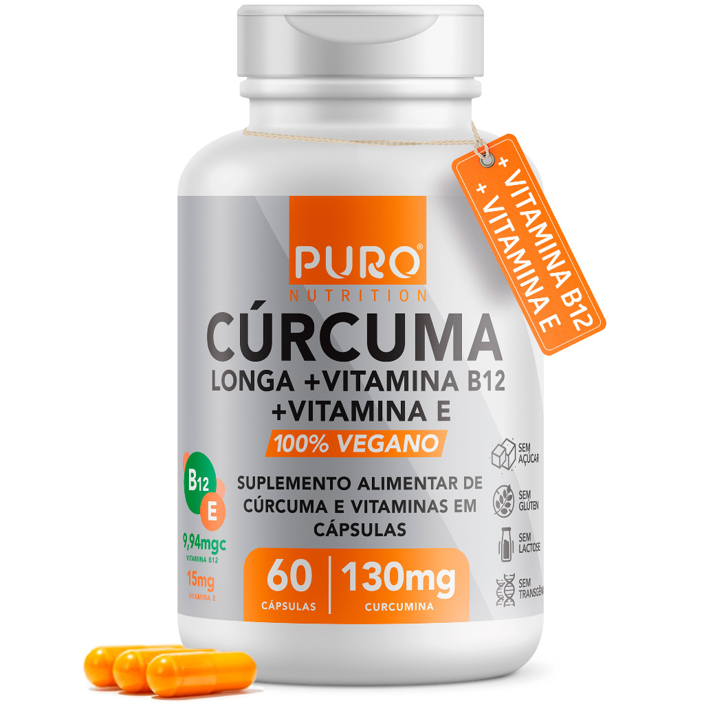Cúrcuma em Cápsulas Puro Nutrition com Vitamina B12 + Vitamina E, 130mg Cúrcuma Longa 60 Cáps Vegano em Oferta na Shopee