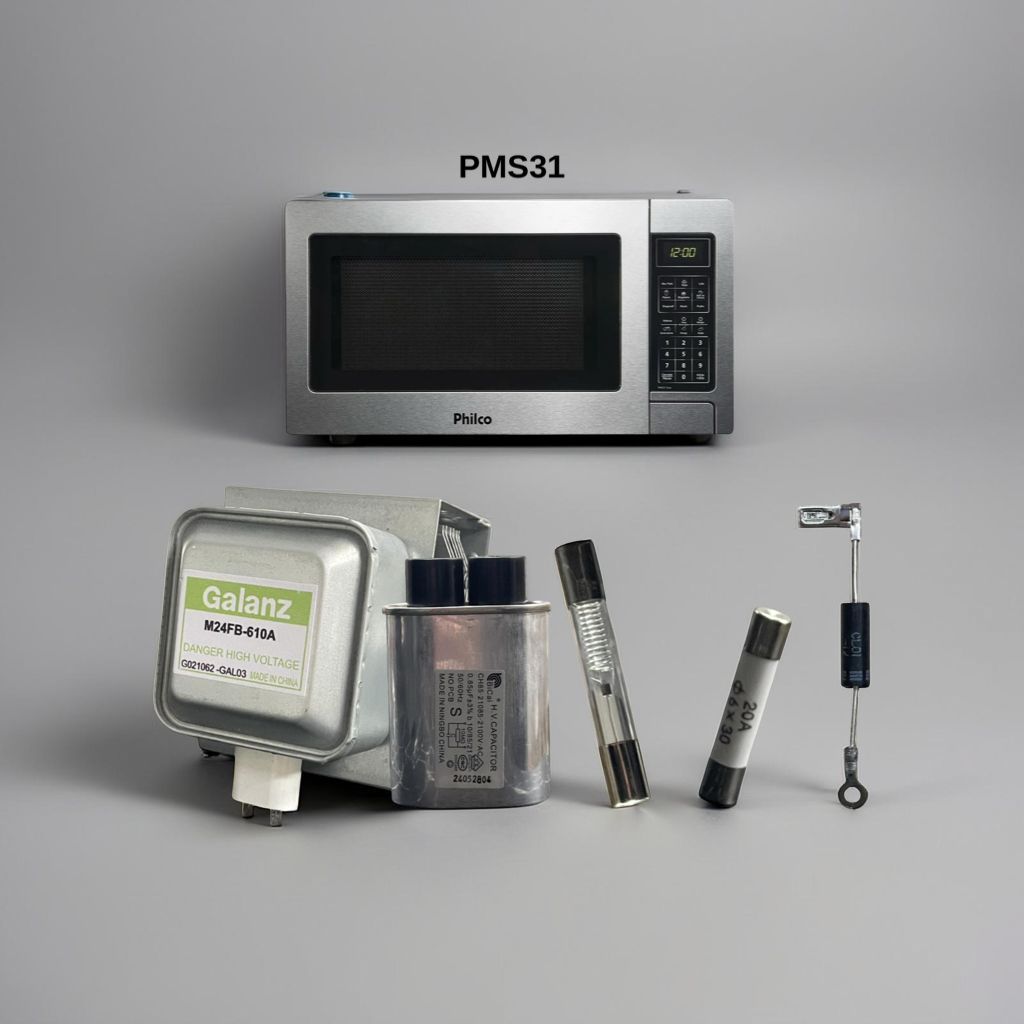 Kit Manutenção Microondas PMS31 Magnetron 610A + Cap 0,85uf + Fusivel 20A + Fusivel 0.8A + Diodo