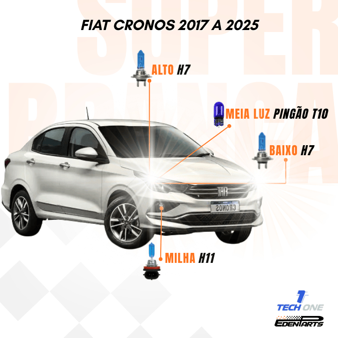 Kit Lâmpadas Fiat Cronos 2017 a 2025 Super Brancas TechOne + Brinde