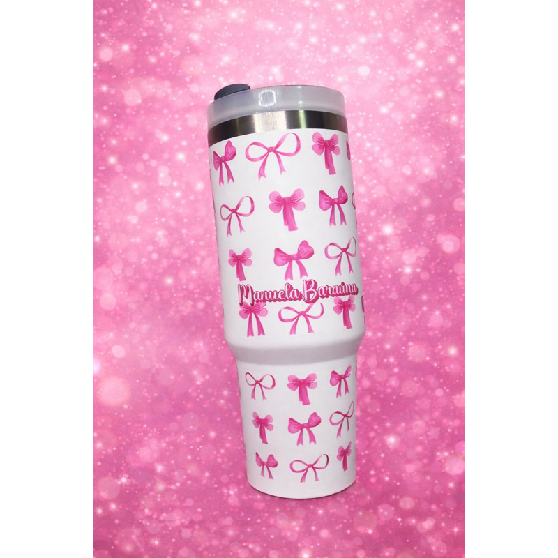 Garrafa Térmica 1200ml Personalizada com Nome – Estampa de Lacinho Rosa – Copo Térmico Grande