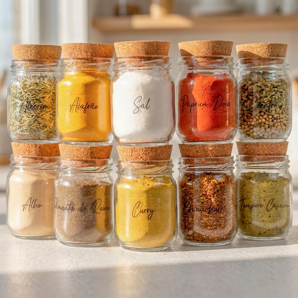 Potes de Tempero 200ml - Porta Temperos - Cartela de Temperos com 28 Adesivos Opcional - Cozinha - Variações