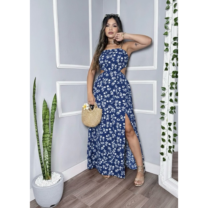 vestido de festa longo estampado soltinho com amarração nas costas e elástico na cintura