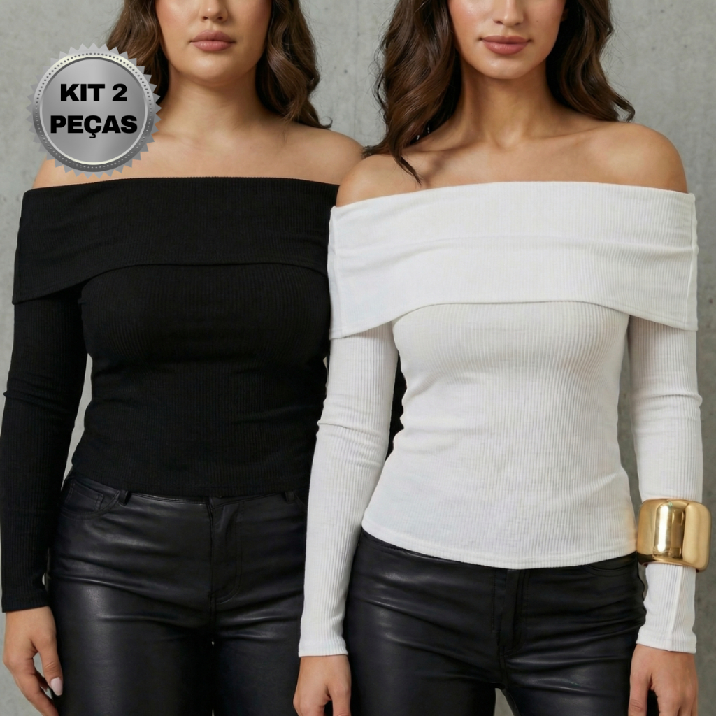 Kit 2 Blusas Caneladas Femininas Ombro Ombro Manga Longa Casual Elegante Tendencia Moderna Exclusiva em Oferta na Shopee