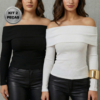 Kit 2 Blusas Caneladas Femininas Ombro Ombro Manga Longa Casual Elegante Tendencia Moderna Exclusiva em Oferta na Shopee
