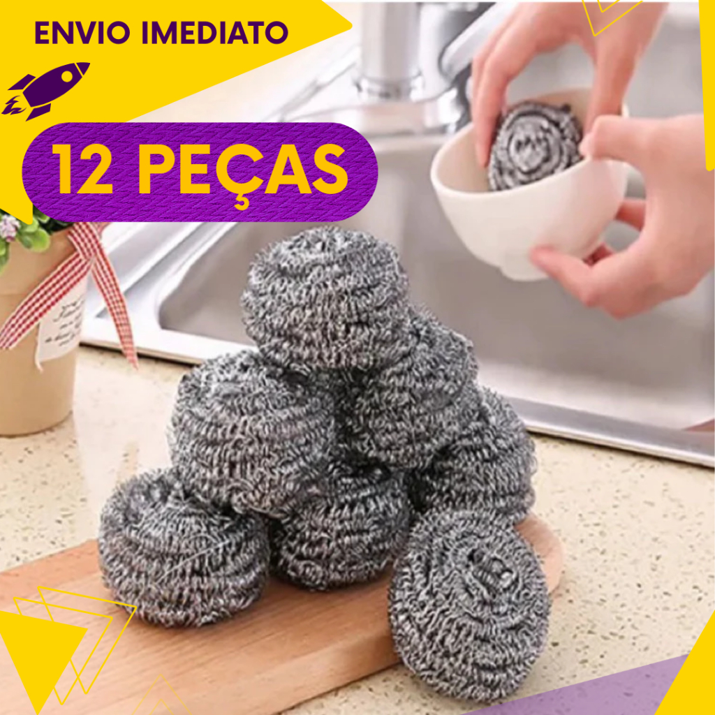 Imagem Kit Esponja de Aço Inox - Não Enferruja - (Kit 5, 10 ou 12un) - Limpeza Pesada Panelas Grelhas