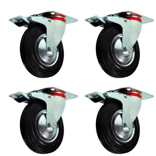 Kit com 4 Rodízio Giratório De Borracha Com Trava - 5pol - 125mm - JST