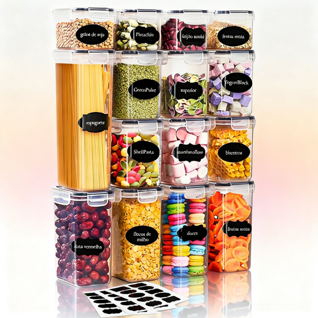 Kits de Potes Herméticos Porta Mantimentos Organizadores de Alimentos para Cozinha Tampas com travas