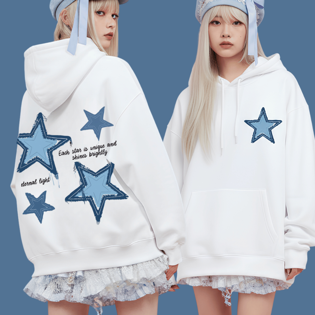 Moletom Y2k Estrelas Azul Soft Grunge Vintage Anos 2000 Com Capuz e Peluciado Algodão