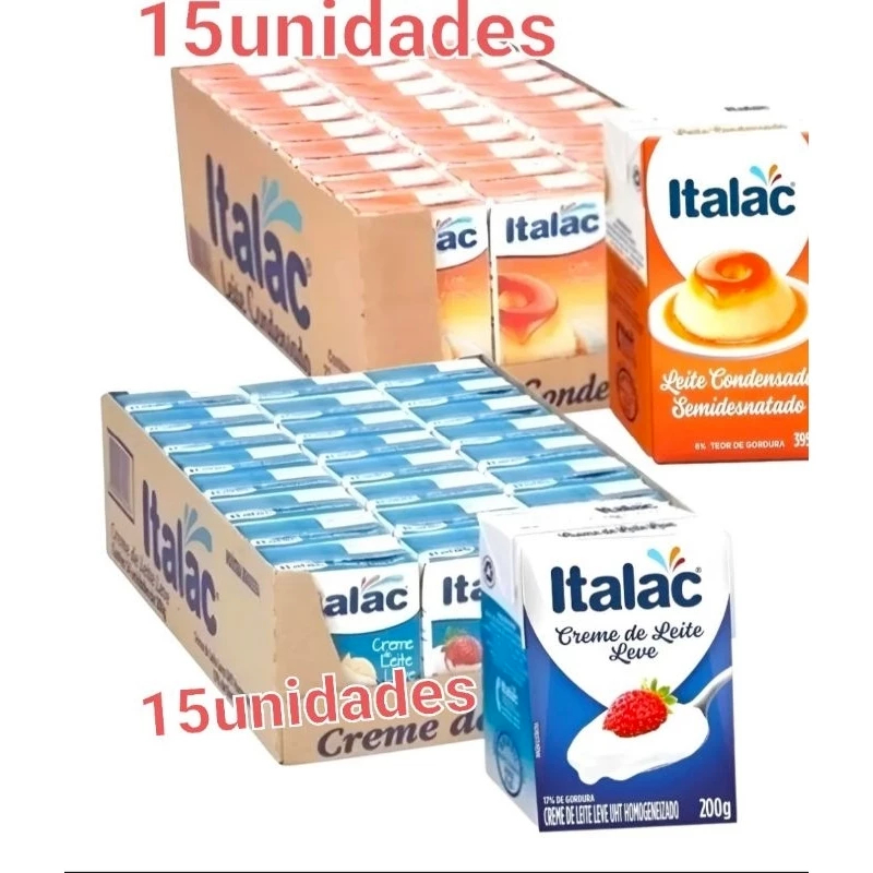 kit com 30unidades 15unidades leite condensado italac 395g e 15unidades creme de leite italac 200g em Oferta na Shopee