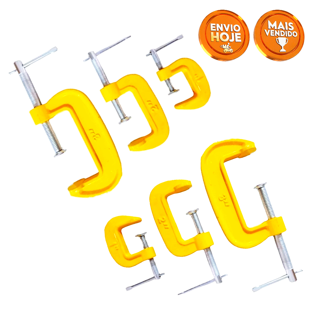 Kit 6 Grampos Sargento Tipo C Reforçado Aço Forte - Mix 1, 2 e 3 Polegadas Marcenaria Oficina