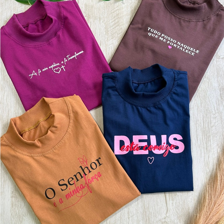 Blusa Feminina Gola Alta Elegante Algodão Premium Macia  Estampada Tshirt Camiseta Básica Casual Moda Evangélica em Oferta na Shopee