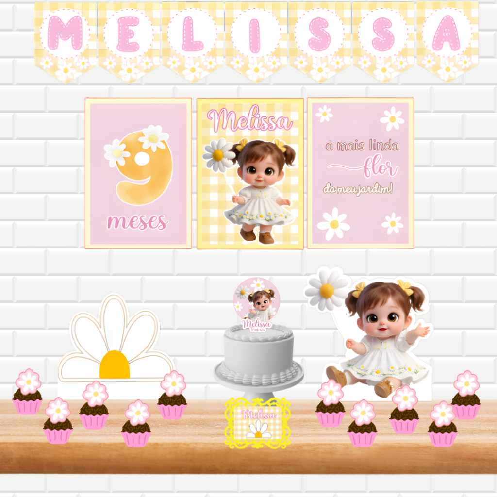 Kit Festa Margarida Floral Baby Personalizado | Mesversário Menina | Aniversário Infantil | Só Um Bolinho |Smash The cak