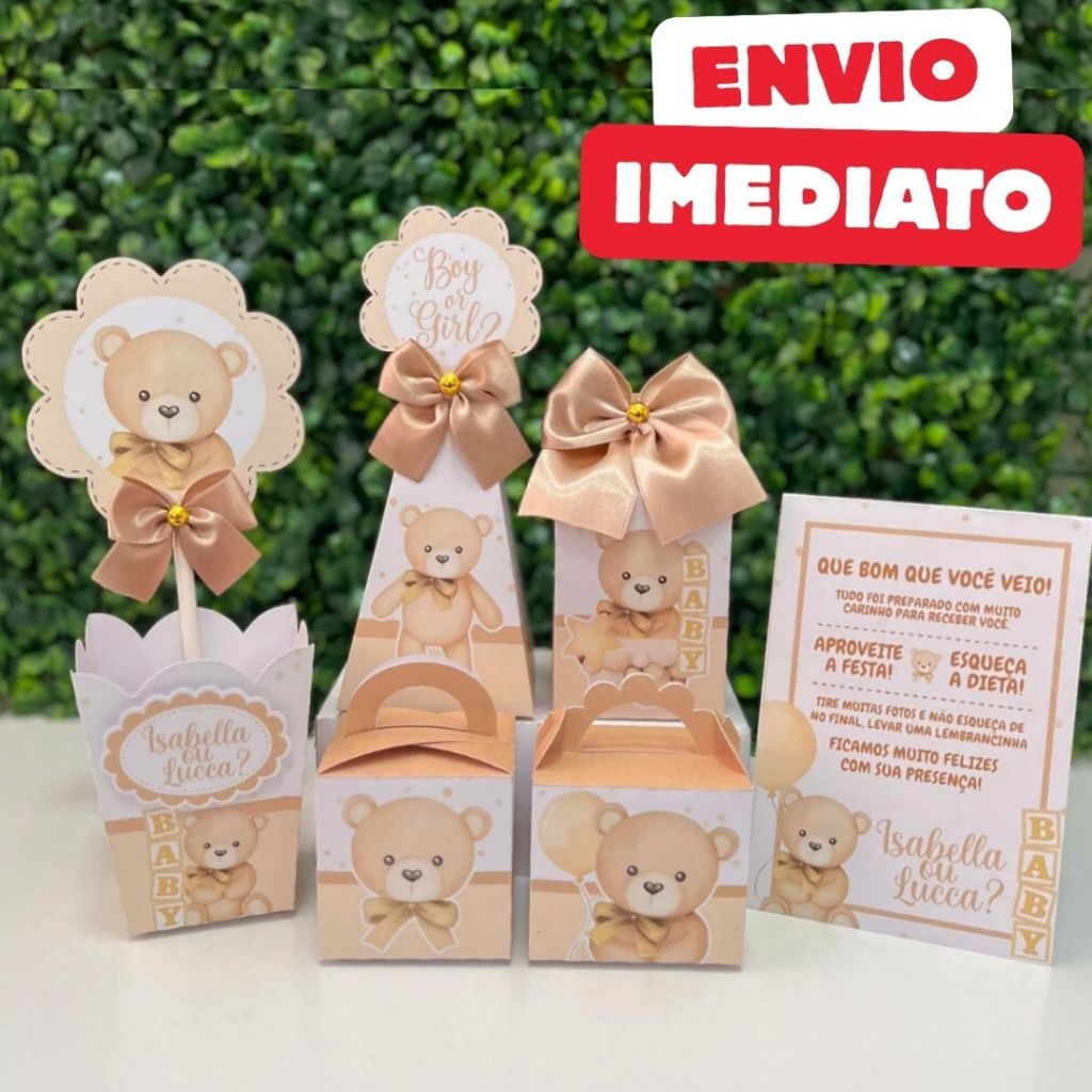 Kit Centro de mesa + Caixas Chá Revelação Ursinho bebê Bege | Personalizado | Lembrancinha | Cachepô