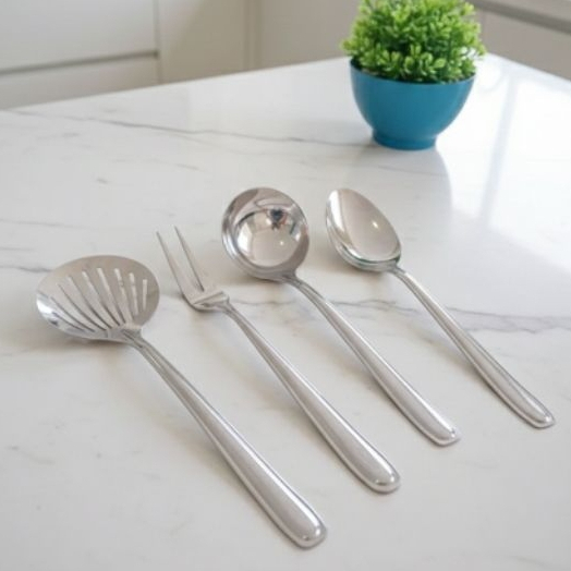 Kit 4 Utensílios de Cozinha Inox Escumadeira Concha Colher de Arroz Garfo Linha Bill Viel
