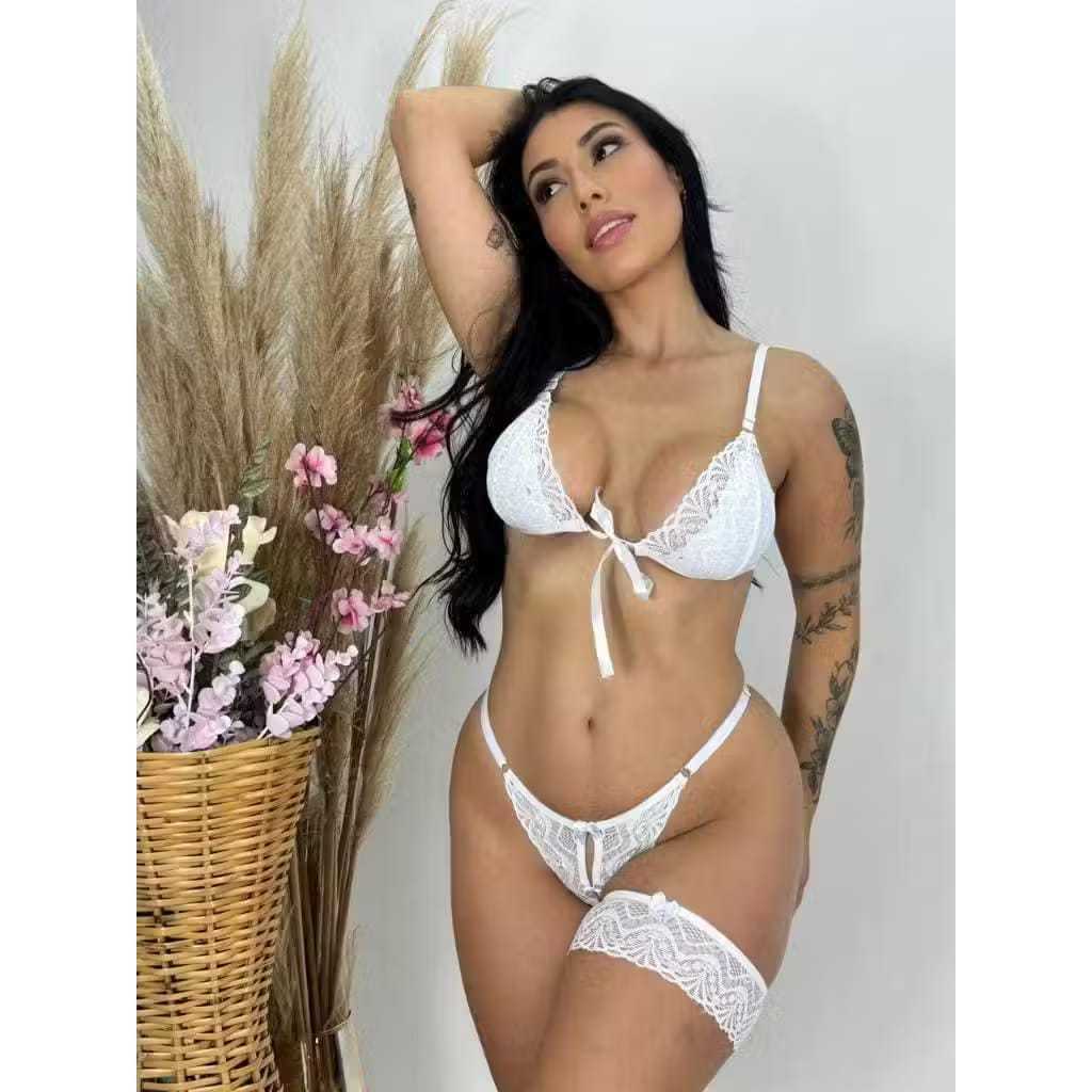 Conjunto Lingerie Feminina Renda com Perneira Strap Premium Sutiã + Calcinha • Estilo Sensual Luxo