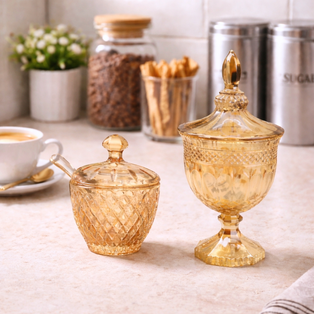 Kit Bomboniere Potiche de Vidro Âmbar Açucareiro de Vidro Âmbar Sweet Cantinho do Café