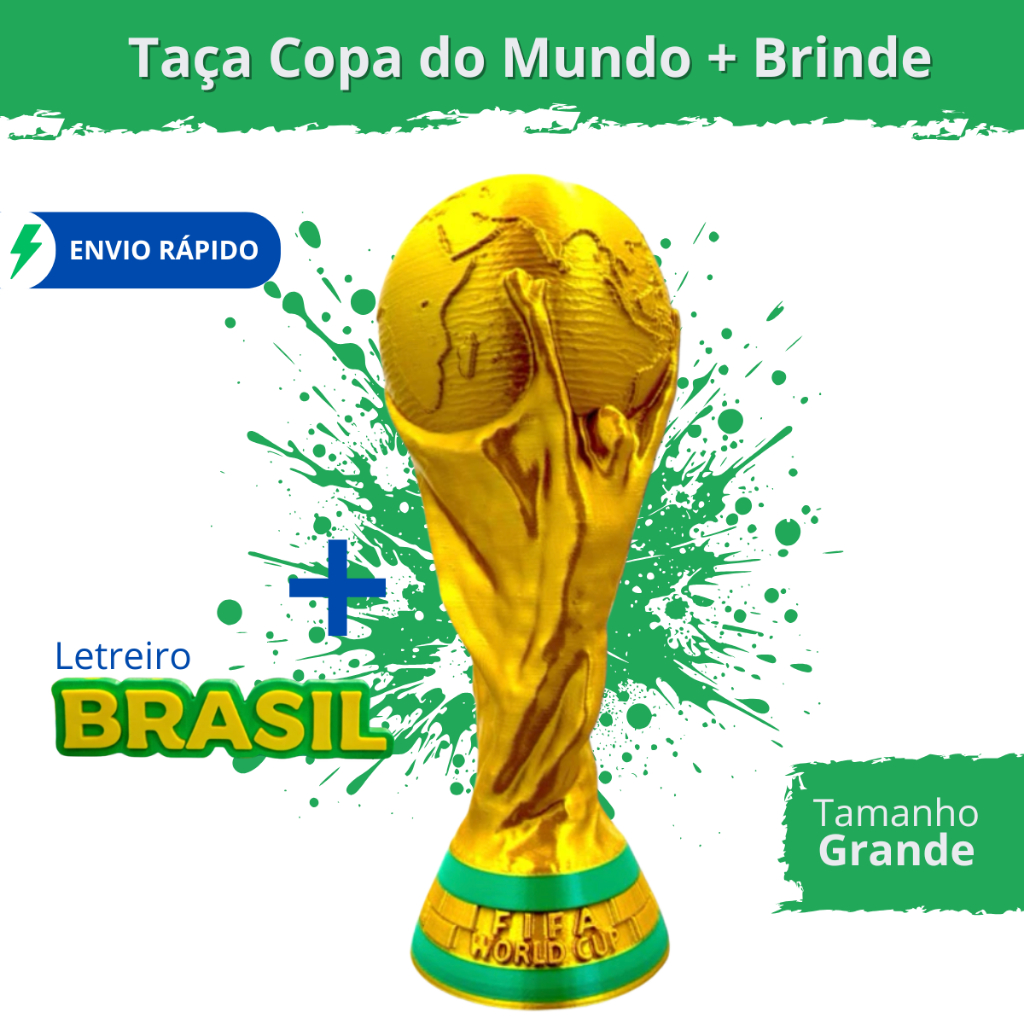 Taça Copa do Mundo 2026 Decorativo Tamanho Grande Brilhante Seleção + Letreiro Brasil Brinde