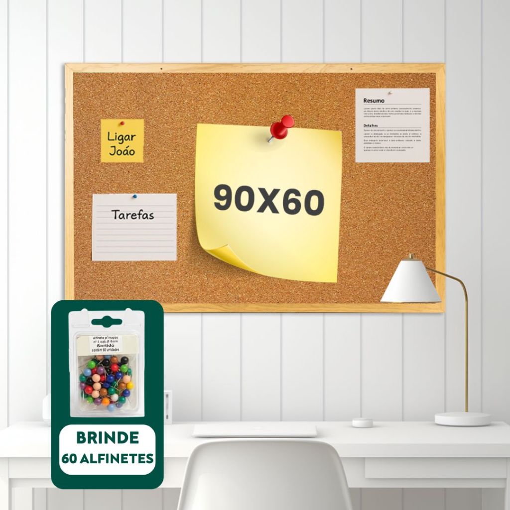 Quadro de Cortiça 90x60cm Moldura de Madeira + 60 Alfinetes Grátis Quadro de Avisos Cortiça