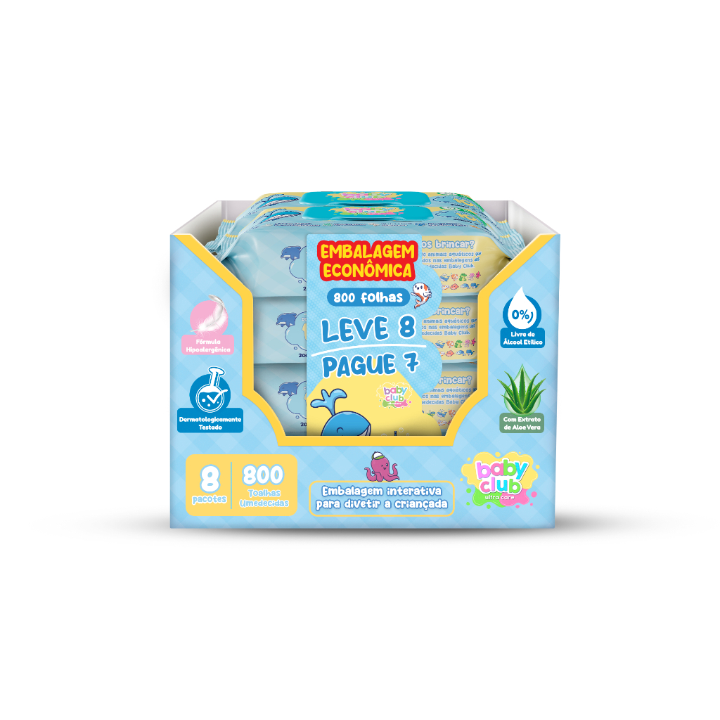 8 LENÇOS UMEDECIDOS BABY CLUB COM 100 FOLHAS  CADA - LEVE 8 PAGUE 7 em Oferta na Shopee