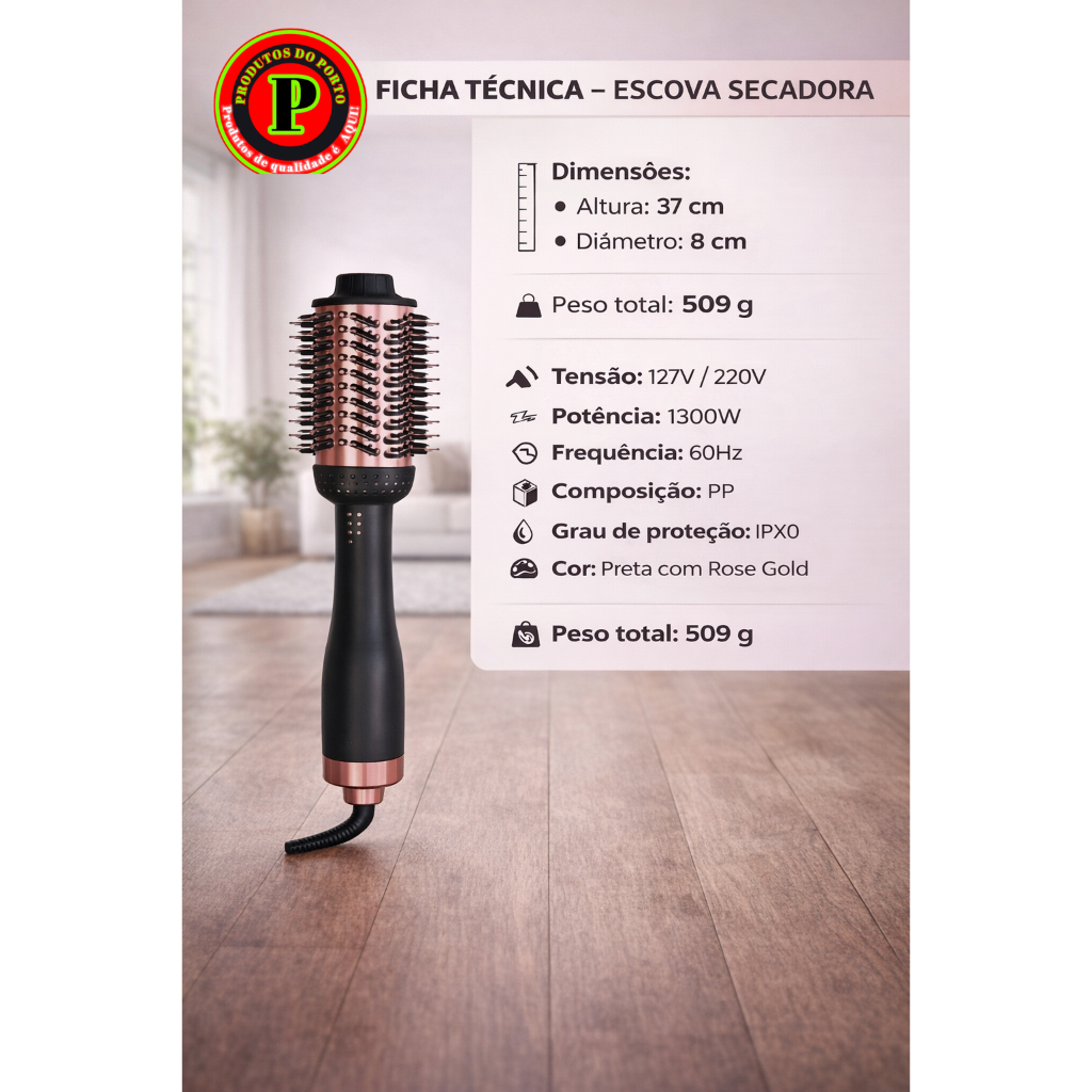 Escova Secadora Cabelo Profissional Bivolt Potente 1300W Secagem Rapida Modelagem Facil Leve