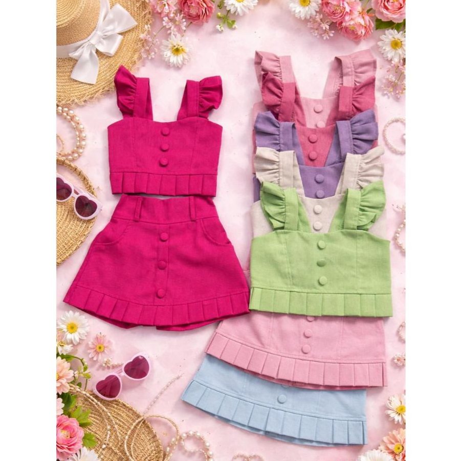Conjunto infantil Juvenil em Linho - Cropped + Short Saia Moda verão Blogueirinha, Alfaiataria Estiloso e confortável