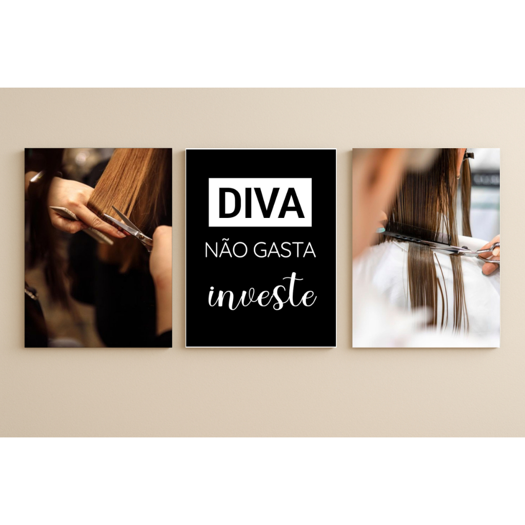 Kit 3 quadros decorativos cabeleleira decoração diva salao escova corte
