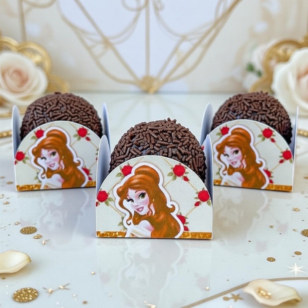 72 Forminhas para Doces 4 Petálas no Tema princesa Bela - Festas Aniversário A Bela e a Fera