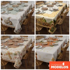 Toalha de Mesa Retangular Decorativa Páscoa Religiosa Cristã Em Oxford para Mesa Posta 1,40x2,10m