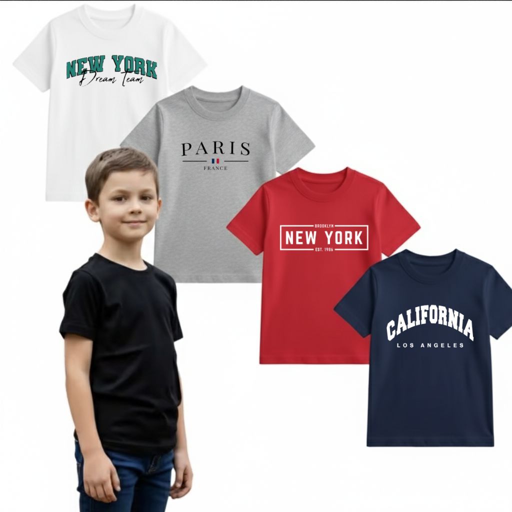 Conjunto 4 Camisetas Infantil Diversas Estampas e Cores Variadas Branco Cinza Vermelho Azul Marinho Material Premium
