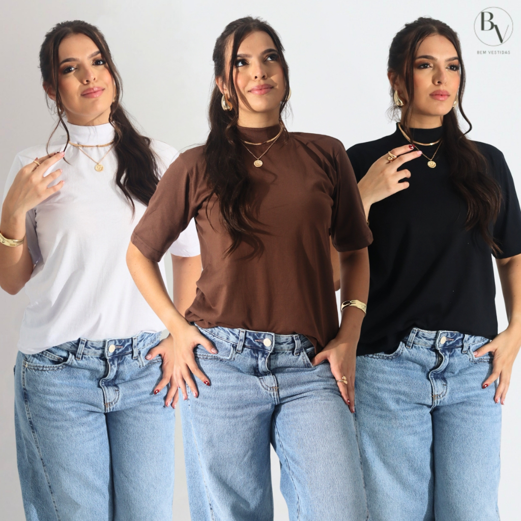 Kit 3 T-Shirt Feminina Blusa Gola Alta Camiseta 100% Algodão em Oferta na Shopee