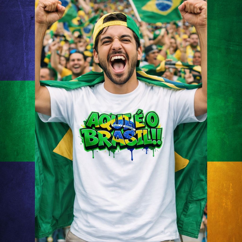 Camiseta Aqui é o Brasil Masculina Algodão 100% – Copa do Mundo Torcida Brasileira Verde Amarela Streetwear Futebol