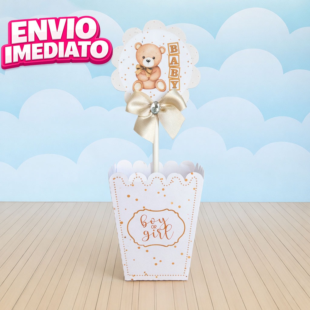 Centro de Mesa Chá Revelação Ursinho Neutro Bege Luxo | Cachepô Decorativo | Envio 24h | Decoração Festa Fralda