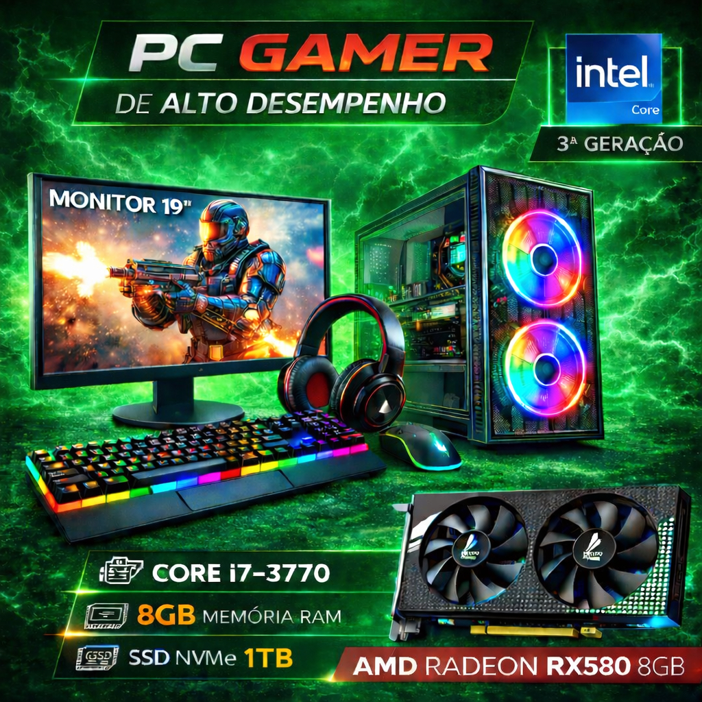 Computador Gamer Completo i7 - SSD 1TB Nvme - 8GB de RAM - Placa de Vídeo RX580 8GB - Monitor 19"