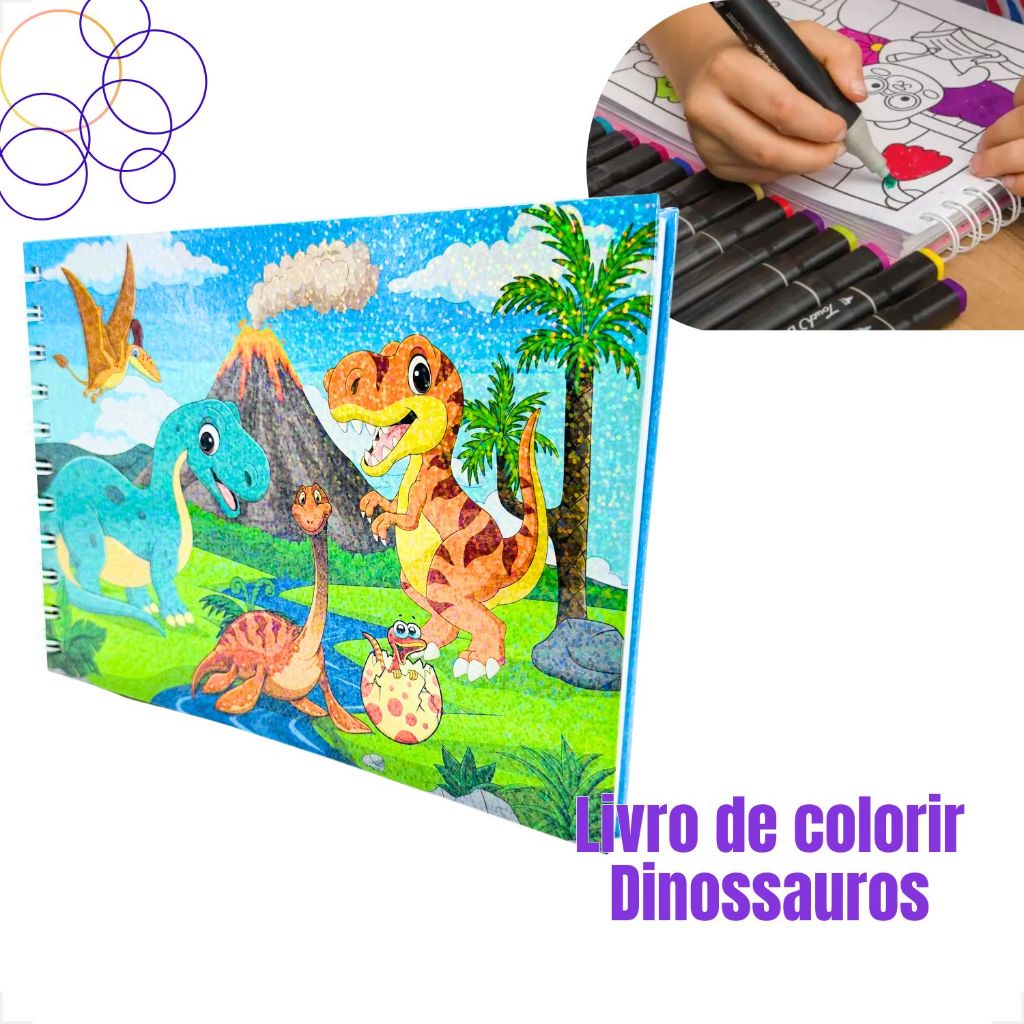 Livro para Colorir Dinossauros Capa Dura Dinossauro 48 folhas Infantil Resistente Cores Relaxante