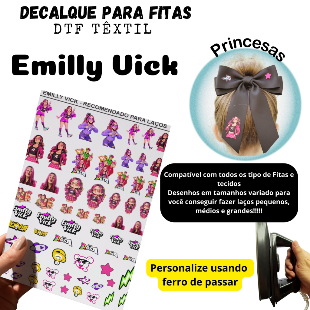 Emilly Vick em Cartela DTF para personalizar Laços - Aplique com ferro de passar decalque aplique