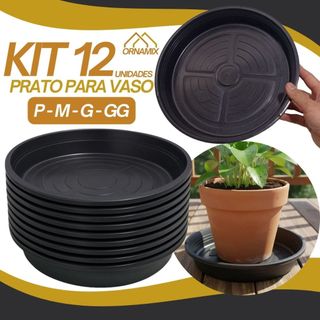 Kit 12 Prato Redondo Preto P/ Vasos De Plantas Coletor de Água Suporte Plástico Barato - Pequeno Médio Grande