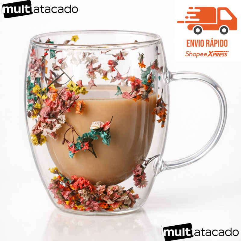 Xícara Caneca de vidro duplo com flores artificiais no interior 250ml xicara decoração vaso de flor copo feminino xicara em Oferta na Shopee