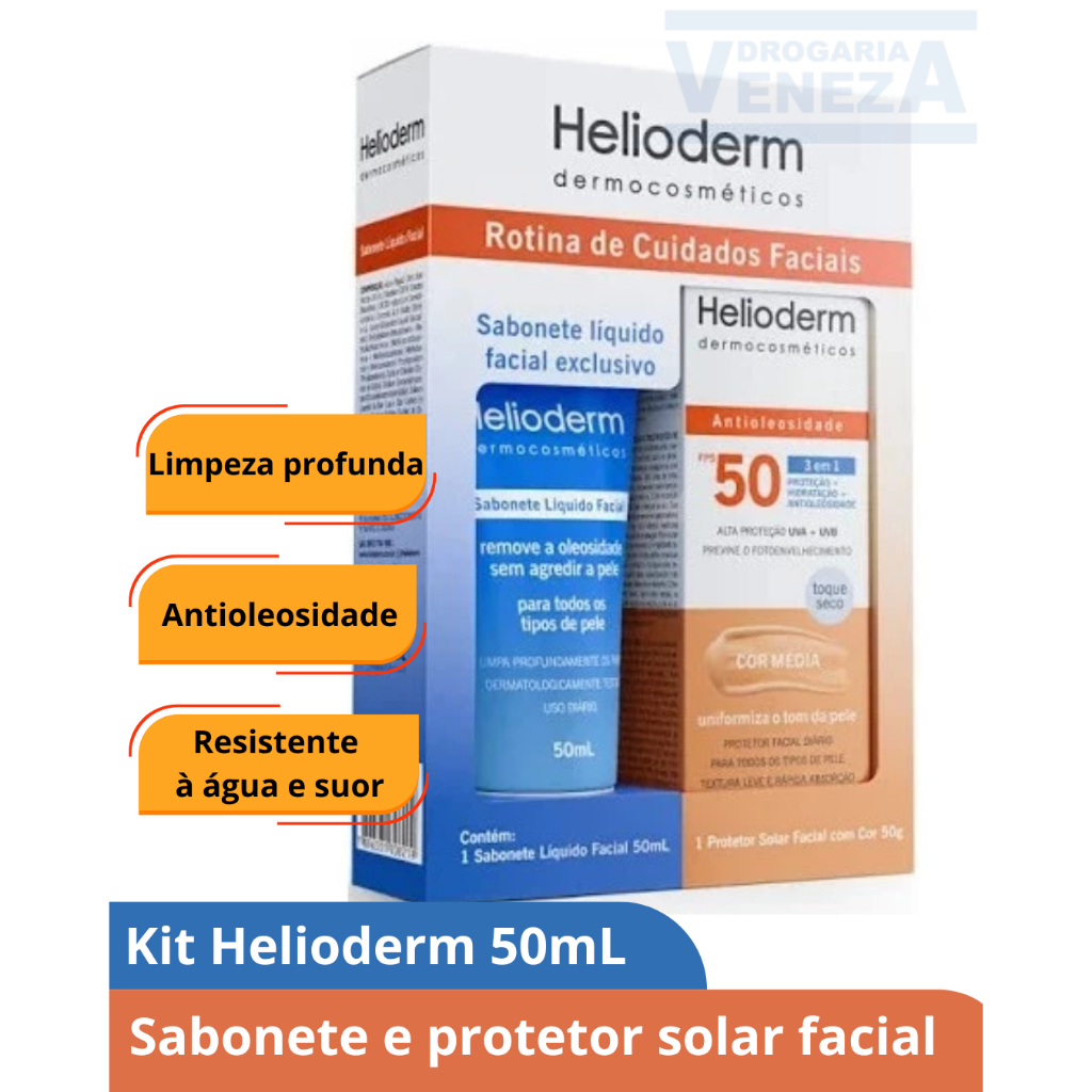 Kit Helioderm Protetor Facial FPS 50 Cor Média 50g + Sabonete Líquido Facial 50mL
